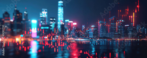 Experience the allure of financial data amidst a captivating urban backdrop at night. Ray tracing and AI generative technology combine to create a mesmerizing canvas of squiggly lines. © น้ำฝน สามารถ