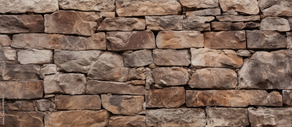 A beautiful brown uneven stone wall is shown, featuring lots of scratches, chips, and drops. The wall appears horizontal and sturdy in structure.