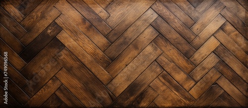 A wooden floor featuring a herringbone pattern  showcasing the intricate arrangement of planks in a geometric design. The light and dark wood tones create a visually appealing contrast  adding depth