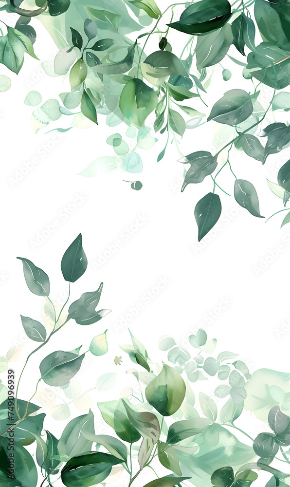 Green leaves watercolor background invitation template, Generative AI