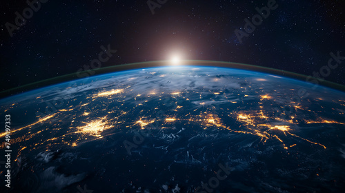 Highly detailed planet Earth at night with embossed continents, illuminated by light of cities. Earth is surrounded by a luminous network, representing the major air routes based on real data.