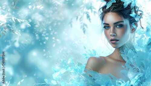 portrait of a woman with blue ice snow winter background
