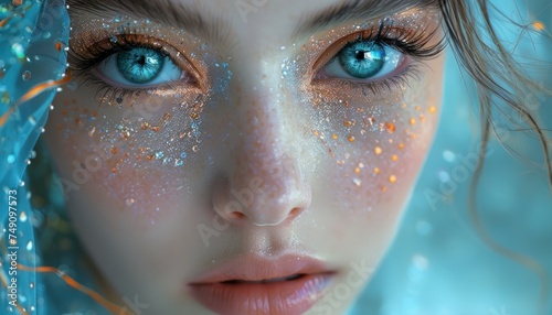 Modern Fashion Concept: Extreme close up portrait of glitter makeup girl with sparky eyes