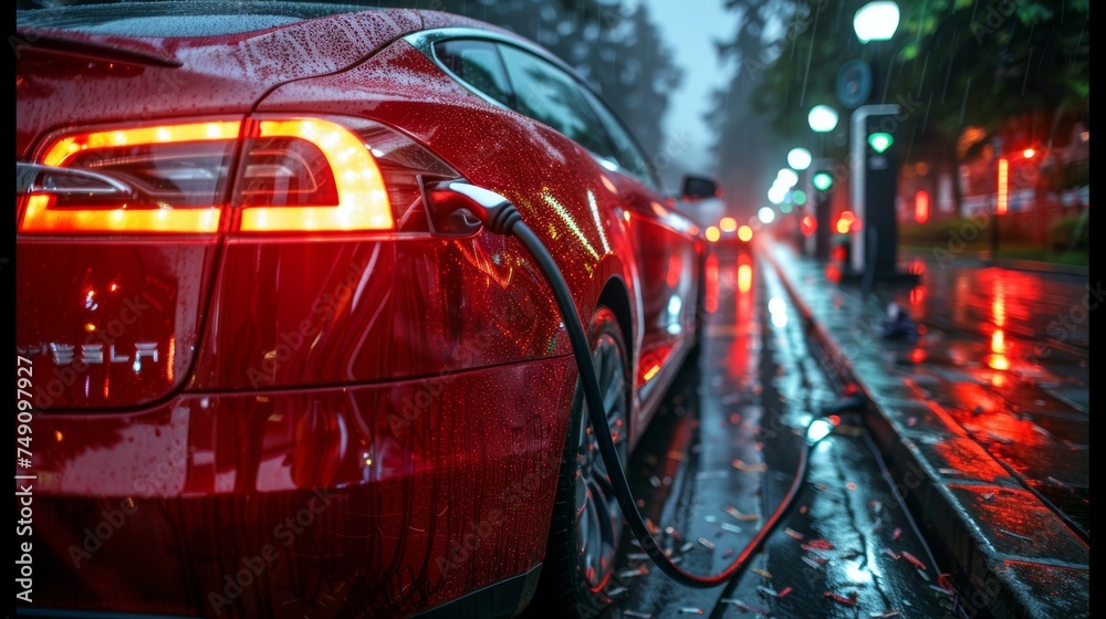 Green Power Energy Concept: Electric car being charged at EV charging station. Green Power Energy Concept: Electric car being charged at EV charging station.