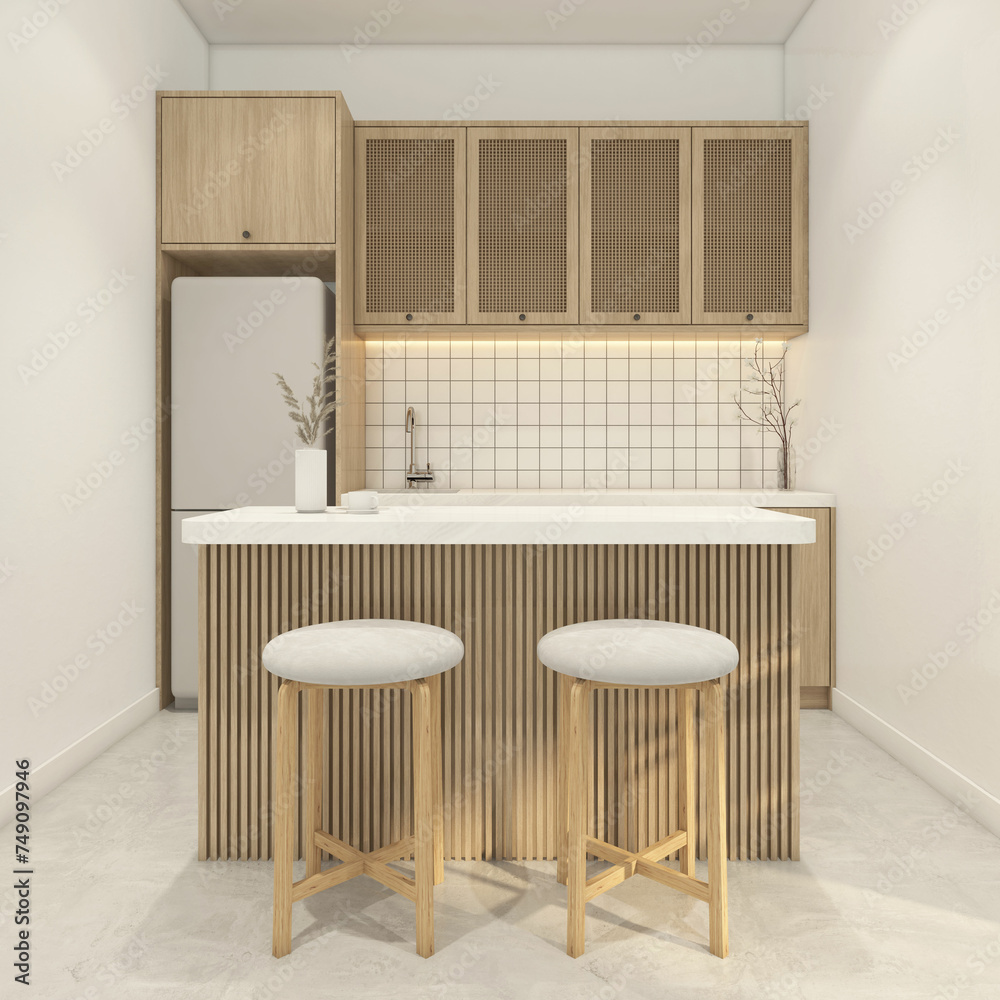 Modern japan style kitchen room with bar counter and minimalist built-in cabinet, white wall and polished concrete floor.3d rendering