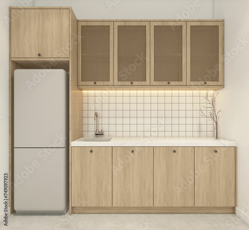 Modern japan style kitchen room with minimalist built-in cabinet  white wall and polished concrete floor.3d rendering