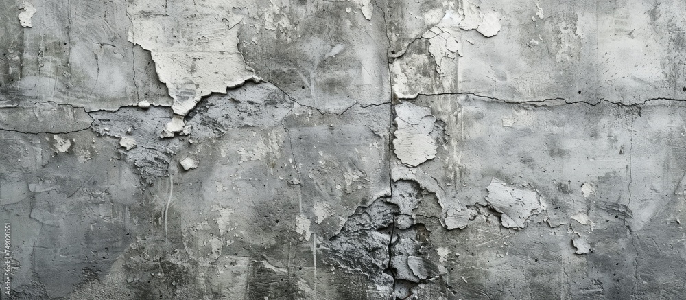 A weathered concrete wall is shown in black and white, with the paint peeling off in various areas. The worn-out texture of the wall adds a sense of decay and neglect to the scene.