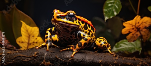 A close-up shot of a Bombina orientalis, a striking yellow and black frog with a fire belly, perched on a tree branch. The frog sits calmly, showcasing its vibrant colors against the backdrop of photo