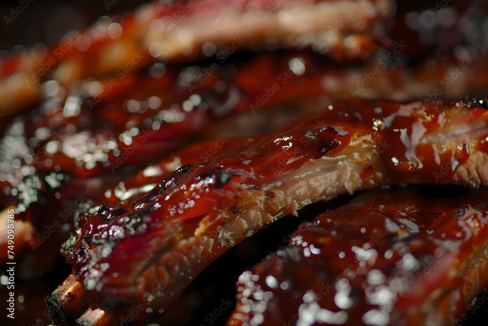 Barbecue pork ribs slathered in sweet savory and sticky barbecue sauce Barbecue pork ribs slathered in sweet savory and sticky barbecue sauce