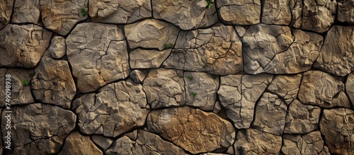 This close-up view shows a wall constructed entirely of rocks with varying shapes and sizes. The rocks are tightly packed together, creating a sturdy structure with visible cracks and textures.