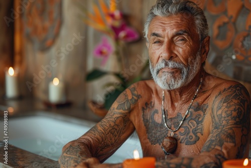 Serene spa indulgence, a glamorous older man luxuriates in a tranquil spa setting, embodying body and facial care, surrounded by health-enhancing lotions and wellness items for ultimate relaxation