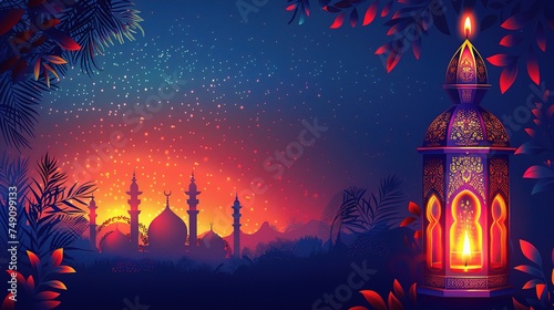 Ornamental Arabic lantern with burning candle glowing at night and glittering golden bokeh lights.