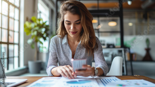 Free Download Businesswoman examining graph on smart phone at desk. - GFXLoad
