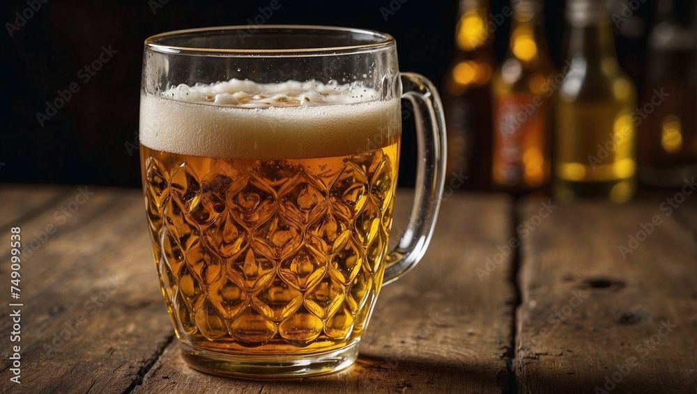 Closed Shot of a Beer Glass with Foam, Bottles Background, Wooden Table Closed Shot of a Beer Glass with Foam, Bottles Background, Wooden Table