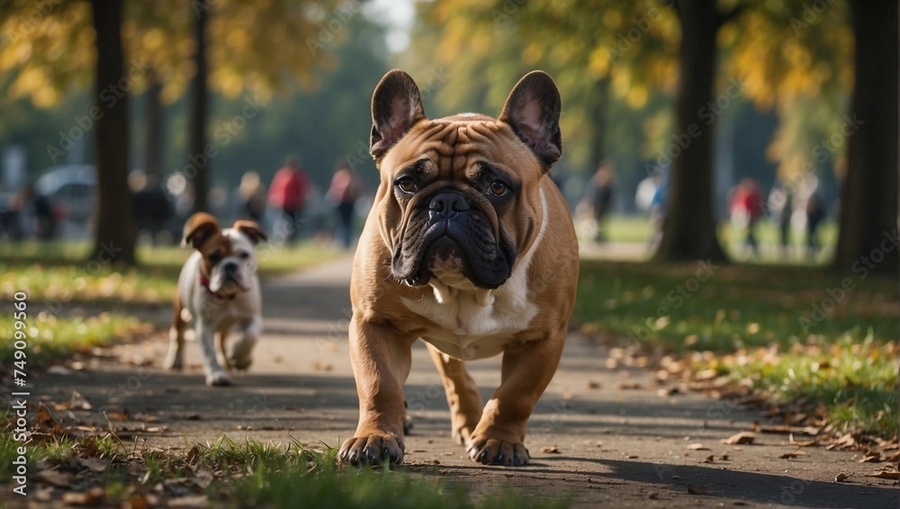 Bulldog dog walking with his family in the park