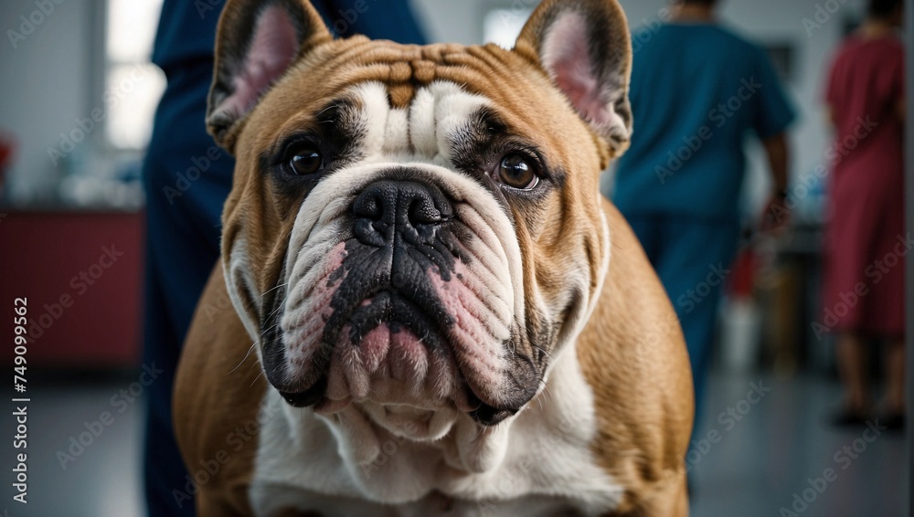 Close-up of bulldog breed dog at a vet
