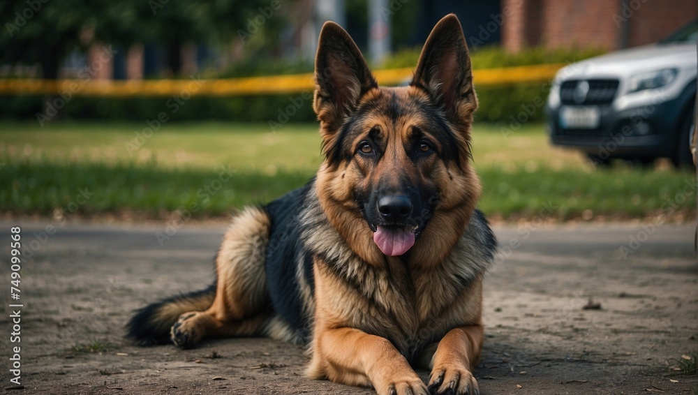 German Shepherd Dog, Sitting in a Park, Brown and Black German Shepherd Dog, Sitting in a Park, Brown and Black