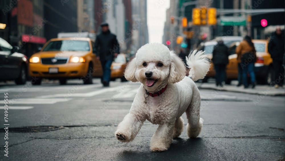 Poodle puppy dog, running happily, in new york city Poodle puppy dog, running happily, in new york city