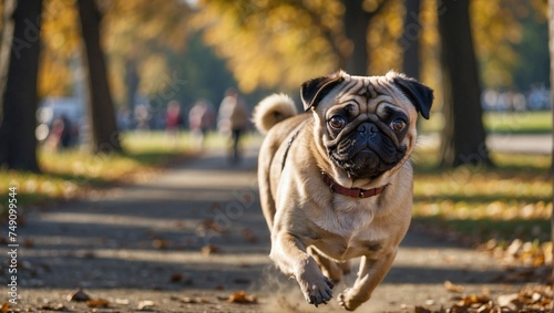 Pug dog running happily in a park