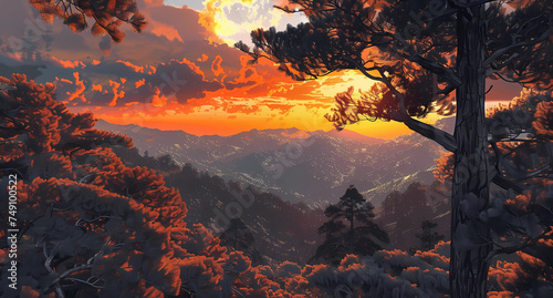 trees and mountain landscapes with colorful sunsets