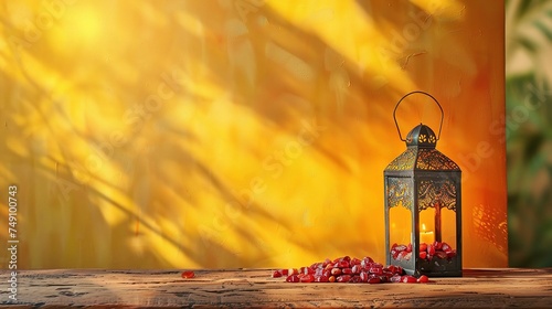 Ramadan concept. Dates close-up in the foreground. Ramadan Lantern on a wooden table