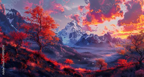 trees and mountain landscapes with colorful sunsets