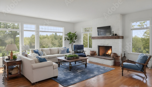 two story modern living room with fireplace and neutral decor