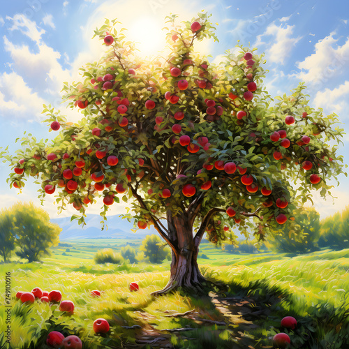 The Harvest Season: A Delightful Scene of a Lush Apple Tree Laden with Ripe Apples in A Vibrant Green Field