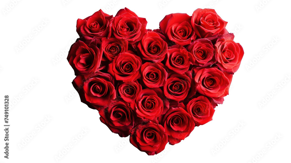 Heart-shaped bouquet of red roses isolated on transparent and white background.PNG image.