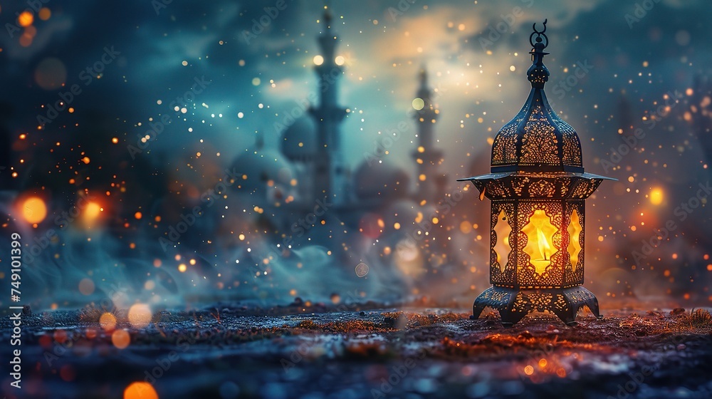 Ramadan Kareem greeting photo with serene mosque background with beautiful glowing lantern - obrazy, fototapety, plakaty 