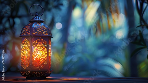 Ramadan Lantern in low light mode with arabesque background. photo