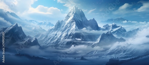 A painting showcasing a majestic mountain range covered in snow, reaching up into a cloudy sky. The peaks stand tall and imposing against the ethereal backdrop, creating a sense of grandeur and awe. © AkuAku