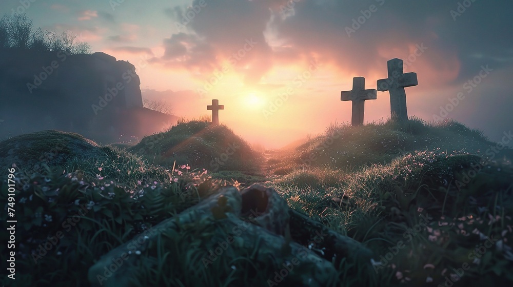 Resurrection Concept - Empty Tomb With Three Crosses On Hill At Sunrise. - obrazy, fototapety, plakaty 