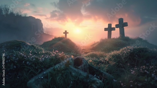 Resurrection Concept - Empty Tomb With Three Crosses On Hill At Sunrise. photo