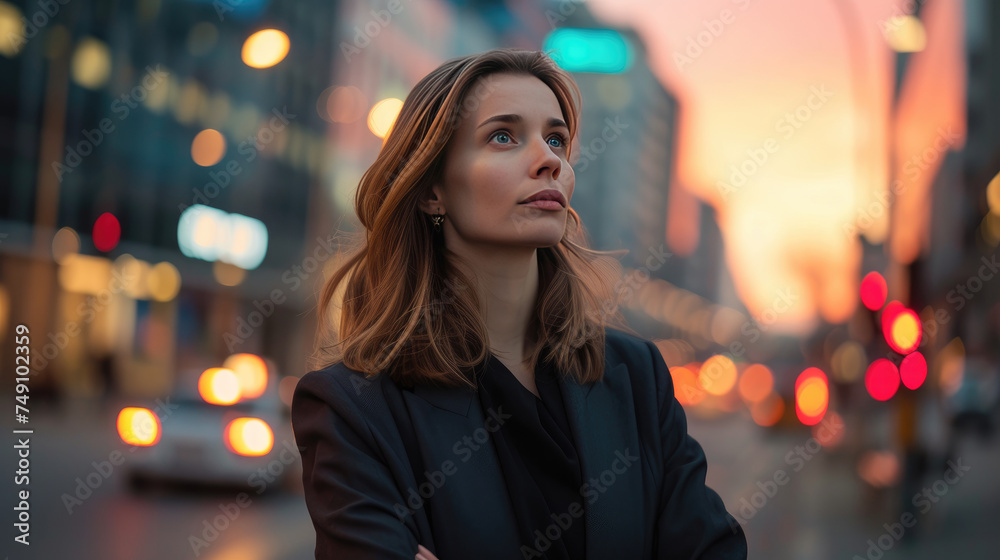 Female executive standing confidently at a busy urban street intersection at dusk, looking towards the sky, imagining future business success Female executive standing confidently at a busy urban street intersection at dusk, looking towards the sky, imagining future business success