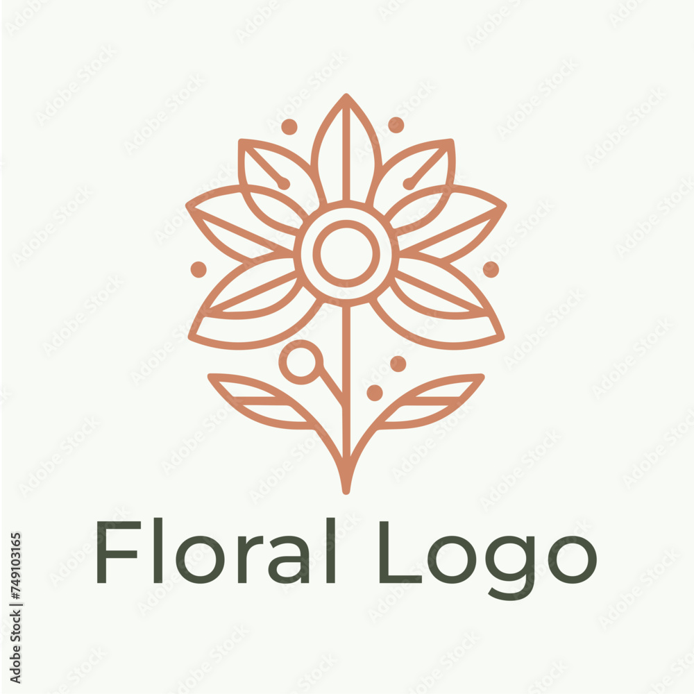 Feminine logo flower in simple minimal linear style. Vector floral emblem and icon Feminine logo flower in simple minimal linear style. Vector floral emblem and icon