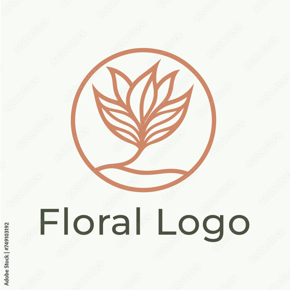 Feminine logo flower in simple minimal linear style. Vector floral emblem and icon