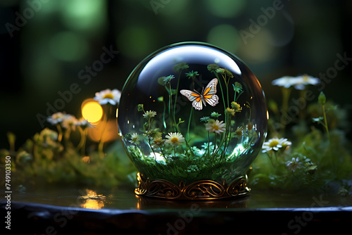 The magic glass ball has a daisy theme and has a butterfly inside.