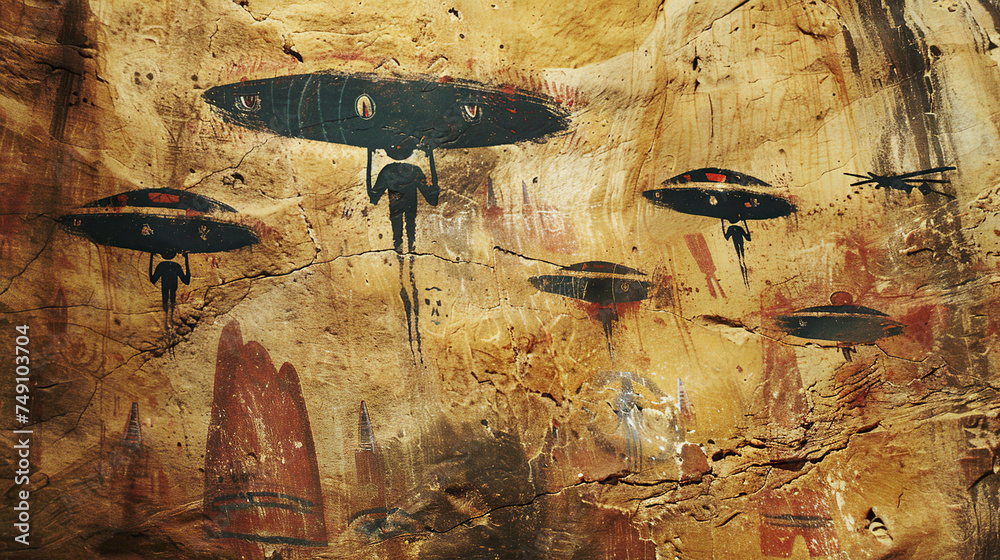 Cave Image Of Ancient Paintings Shows Aliens And Flying Saucers Stock Cave Image Of Ancient Paintings Shows Aliens And Flying Saucers Stock