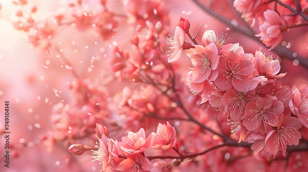 Spring beautiful background with green lush young foliage and flowering branches Spring beautiful background with green lush young foliage and flowering branches