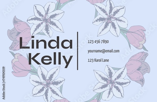 Elegant business card, floral accents, serene vibe