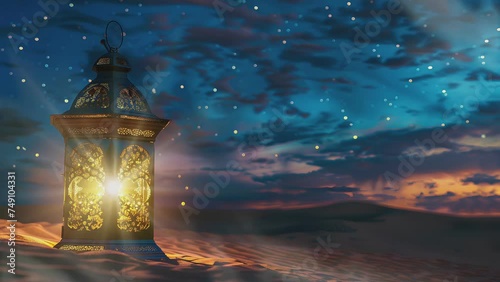 Islamic lantern lights shine in the desert in the evening against the backdrop of a clear sky and a crescent moon and shooting stars. welcoming Ramadan 2024 (ID: 749104331)