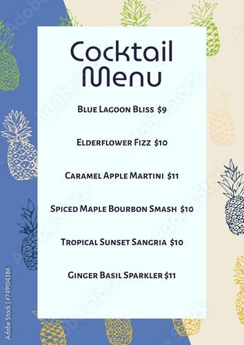 Promoting a selection of exotic drinks, the template features a cocktail menu with a tropical theme