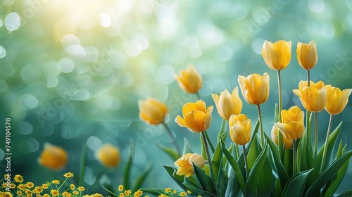 Spring Easter background with beautiful yellow tulips. Summer flower background