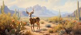 A painting depicting a young white-tailed deer in the barren landscape of the Sonoran Desert near Tucson. The deer is surrounded by prickly pear and saguaro cacti, showcasing the harsh yet beautiful