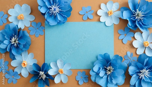 Background of blue paper flowers with empty space for text or greeting card design. Postcard for International Women's Day and Mother' photo