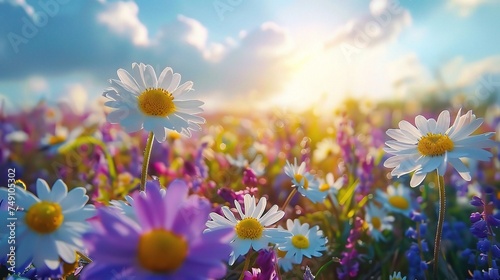 spring landscape panorama with flowering flowers on meadow. white chamomile and purple bluebells blossom on field