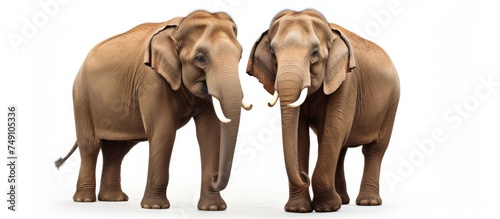 A male and a female Asian elephant stand side by side on a plain white background. The elephants are large with gray skin, prominent tusks, and floppy ears. © AkuAku