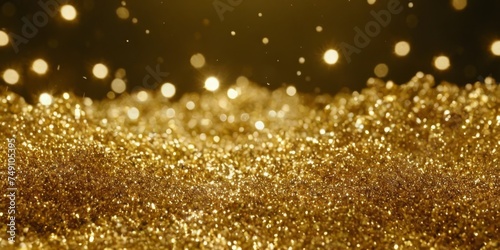 Abstract elegant, detailed gold glitter particles flow with shallow depth of field underwater. Holiday magic shimmering luxury background