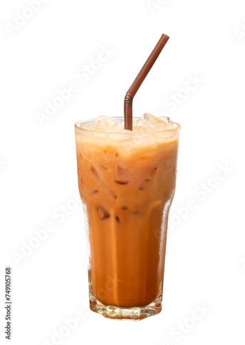 Front view of cold orange Thai tea with condensed milk and ice isolated with clipping path in png file format